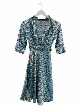 Roberto Cavalli Blue Silk Feather Print Ruffle Wrap Dress